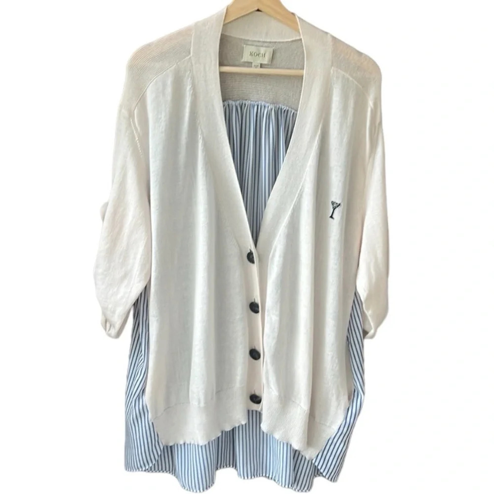 Koch Longfellow Longtail Cardigan Sweater Blue Cream Striped Cotton Cashmere M